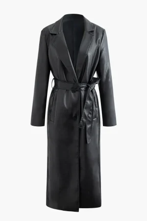 Faux Leather Notched Lapel Belted Trench Coat>MICAS Sale