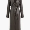 Faux Leather Notched Lapel Belted Trench Coat>MICAS Sale