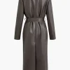 Faux Leather Notched Lapel Belted Trench Coat>MICAS Sale