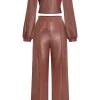 Faux Leather Off Shoulder Top And Wide Leg Trousers Set>MICAS Best