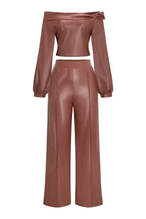 Faux Leather Off Shoulder Top And Wide Leg Trousers Set>MICAS Best