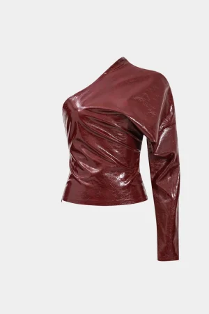 Faux Leather One Shoulder Asymmetrical Long-Sleeve Shirt>MICAS Clearance