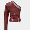 Faux Leather One Shoulder Asymmetrical Long-Sleeve Shirt>MICAS Clearance