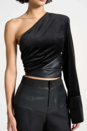 Faux Leather Patchwork Asymmetrical Long-Sleeve Top>MICAS Online