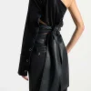 Faux Leather Patchwork Asymmetrical Long-Sleeve Top>MICAS Online