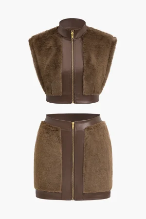 Faux Leather Patchwork Fur Skirt Set>MICAS Discount