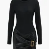 Faux Leather Patchwork Long Sleeve Mini Dress>MICAS Clearance