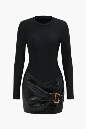 Faux Leather Patchwork Long Sleeve Mini Dress>MICAS Clearance