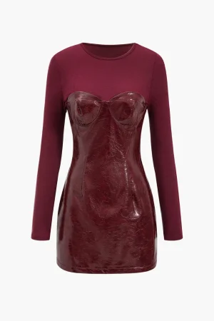 Faux Leather Patchwork Long Sleeve Round Neck Mini Dress>MICAS Outlet