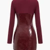 Faux Leather Patchwork Long Sleeve Round Neck Mini Dress>MICAS Outlet
