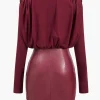 Faux Leather Patchwork Long Sleeve Draped Cowl Neck Mini Dress>MICAS Outlet