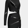 Faux Leather Patchwork Long Sleeve One Shoulder Cut Out Mini Dress>MICAS New