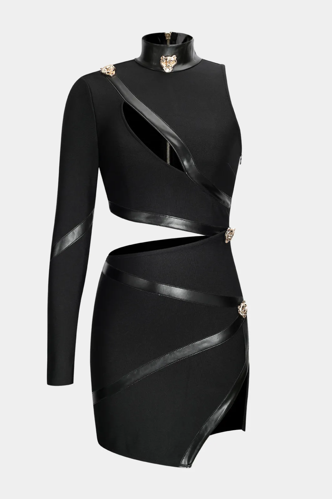 Faux Leather Patchwork Long Sleeve One Shoulder Cut Out Mini Dress>MICAS New