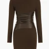 Faux Leather Patchwork Long Sleeve Mini Dress>MICAS Hot