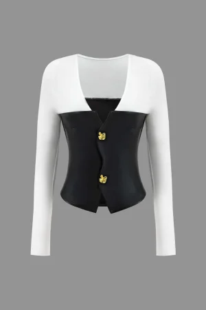 Faux Leather Patchwork Metallic Button Long-Sleeve Top>MICAS Hot