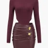 Faux Leather Patchwork Round Neck Ruched Metallic Long Sleeve Mini Dress>MICAS Online