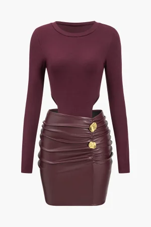 Faux Leather Patchwork Round Neck Ruched Metallic Long Sleeve Mini Dress>MICAS Online