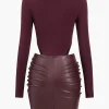 Faux Leather Patchwork Round Neck Ruched Metallic Long Sleeve Mini Dress>MICAS Online