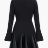 Faux Leather Patchwork Round Neck Long Sleeve Puff Mini Dress>MICAS Outlet