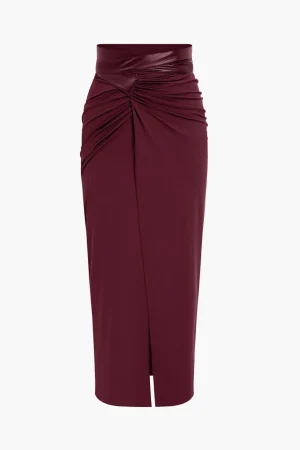 Faux Leather Patchwork Ruched Skirt>MICAS Outlet