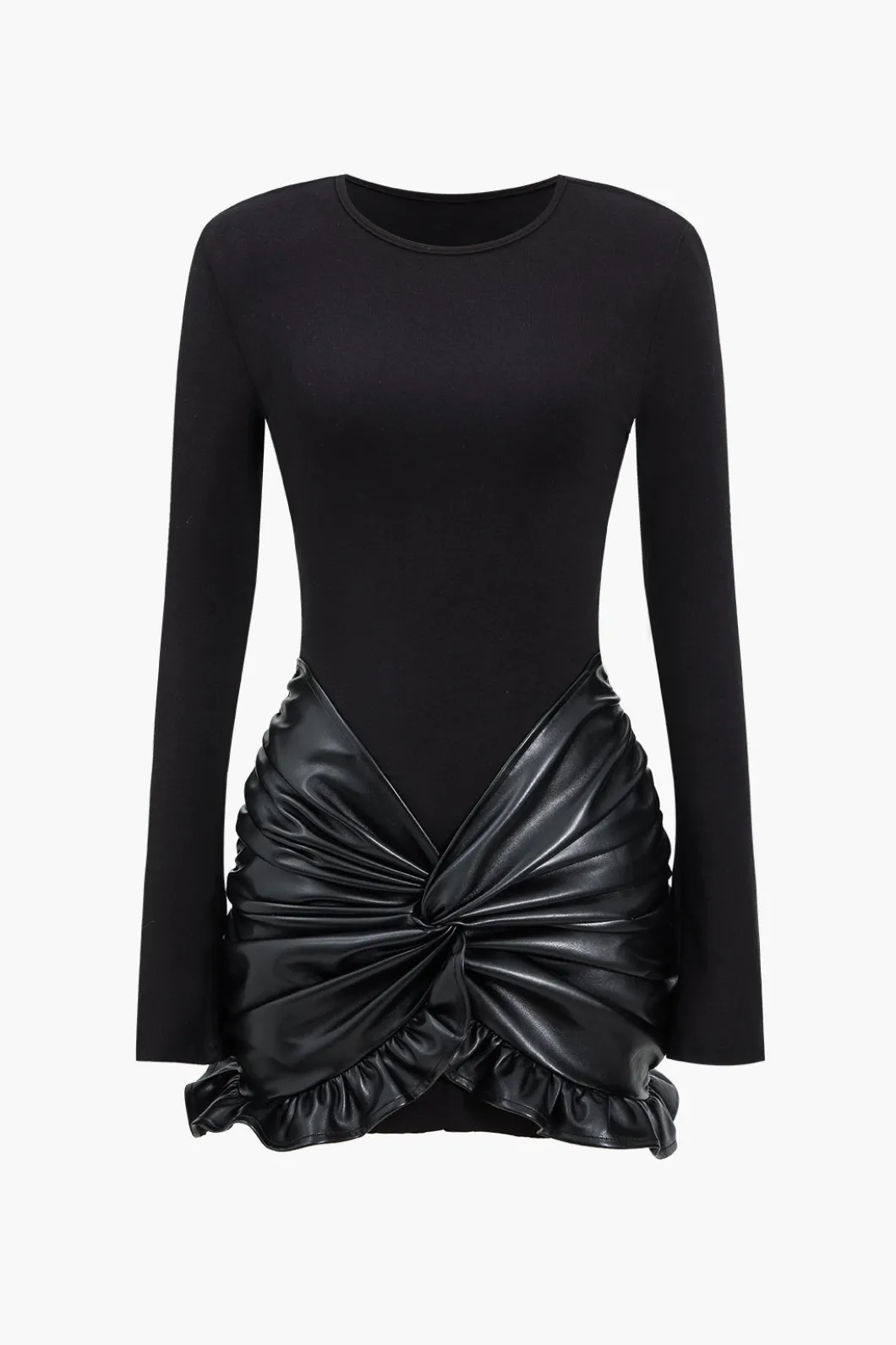 Faux Leather Patchwork Ruffle Ruched Long Sleeve Mini Dress>MICAS New