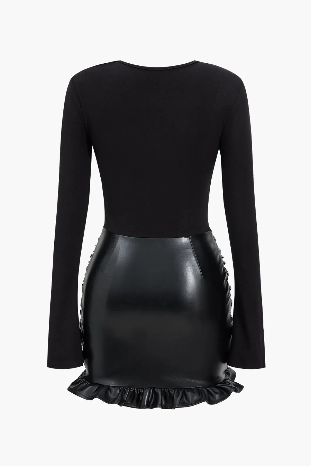 Faux Leather Patchwork Ruffle Ruched Long Sleeve Mini Dress>MICAS New