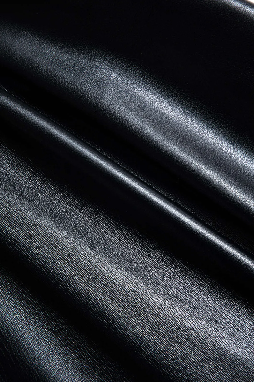 Faux Leather Patchwork Ruffle Ruched Long Sleeve Mini Dress>MICAS New