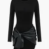 Faux Leather Patchwork Tie Front Round Neck Ruched Mini Dress>MICAS New