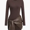 Faux Leather Patchwork Tie Front Round Neck Ruched Mini Dress>MICAS New