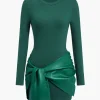 Faux Leather Patchwork Tie Front Round Neck Ruched Mini Dress>MICAS New