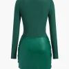 Faux Leather Patchwork Tie Front Round Neck Ruched Mini Dress>MICAS New