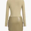 Faux Leather Patchwork Tie Front Round Neck Ruched Mini Dress>MICAS New