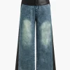 Faux Leather Patchwork Wide Leg Jeans>MICAS Hot