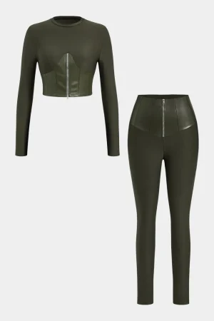 Faux Leather Patchwork Zipper Long Sleeve Top And Trousers Set>MICAS Best