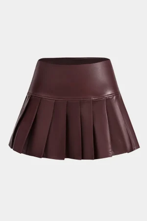 Faux Leather Pleated Skirt>MICAS Hot