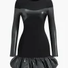 Faux Leather Round Neck Patchwork Mini Dress>MICAS New