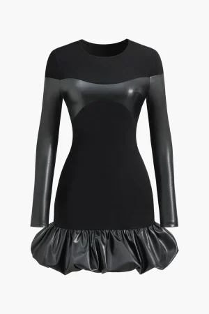 Faux Leather Round Neck Patchwork Mini Dress>MICAS New