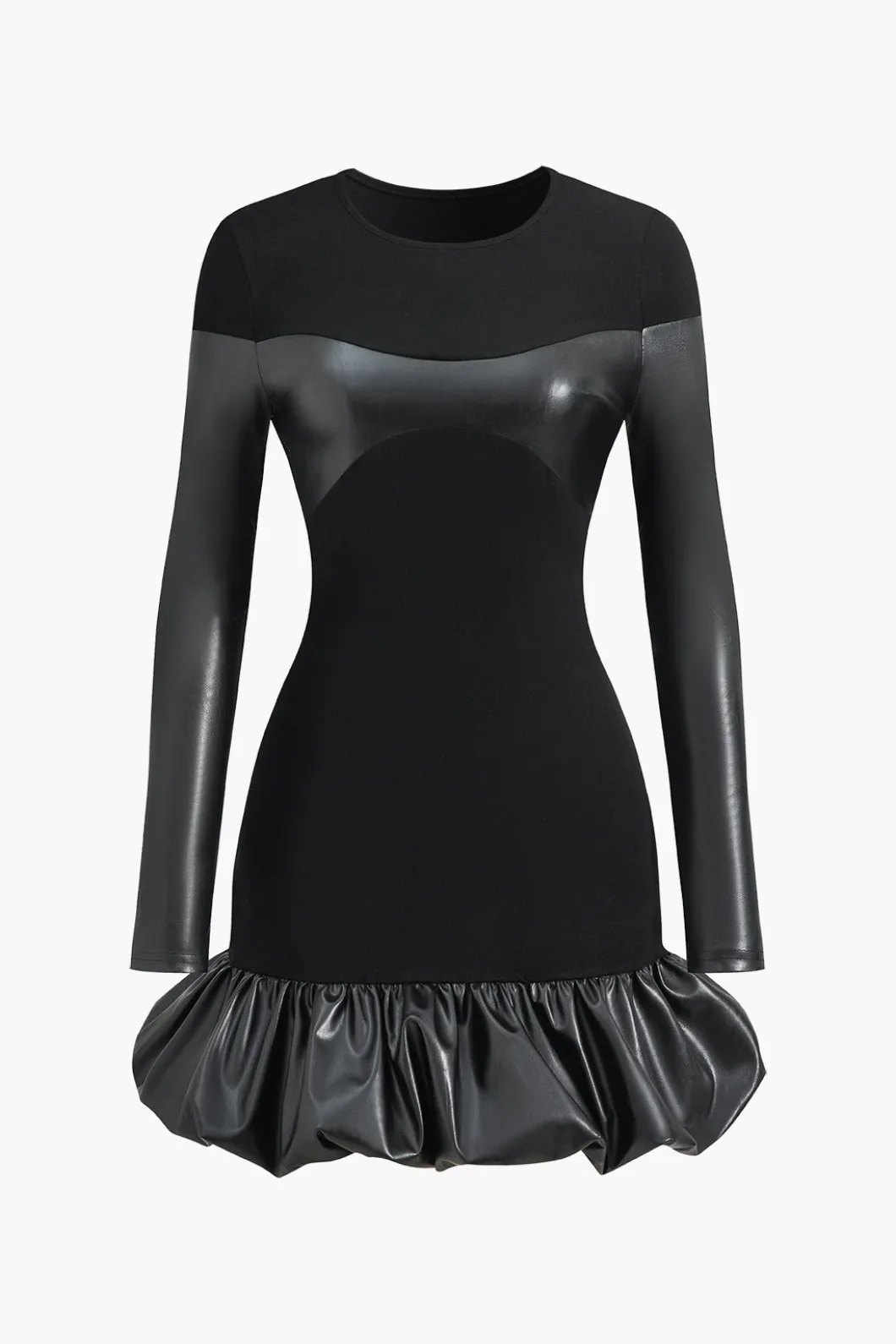 Faux Leather Round Neck Patchwork Mini Dress>MICAS New