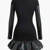 Faux Leather Round Neck Patchwork Mini Dress>MICAS New