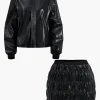 Faux Leather Ruched Detail Skirt Set>MICAS New