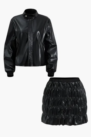 Faux Leather Ruched Detail Skirt Set>MICAS New