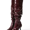 Faux Leather Ruched Pointed Toe Knee High Boots>MICAS New