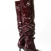 Faux Leather Ruched Pointed Toe Knee High Boots>MICAS New