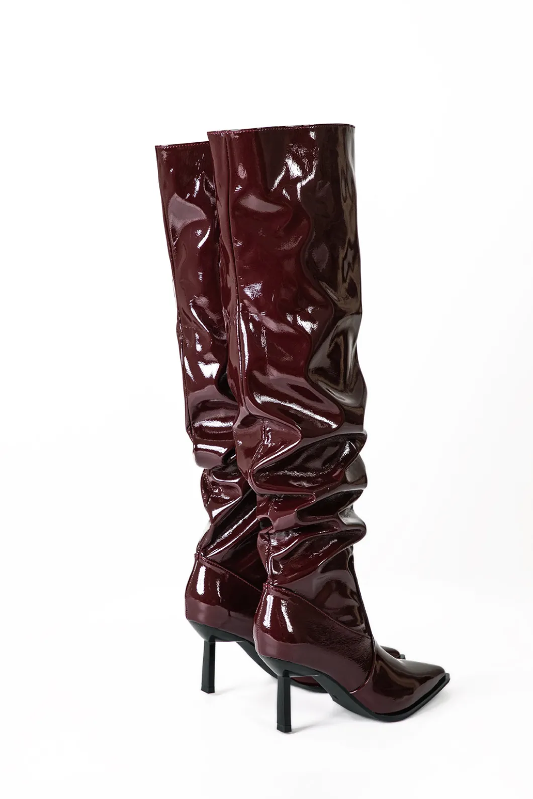 Faux Leather Ruched Pointed Toe Knee High Boots>MICAS New