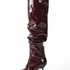 Faux Leather Ruched Pointed Toe Knee High Boots>MICAS New