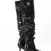 Faux Leather Ruched Pointed Toe Knee High Boots>MICAS New