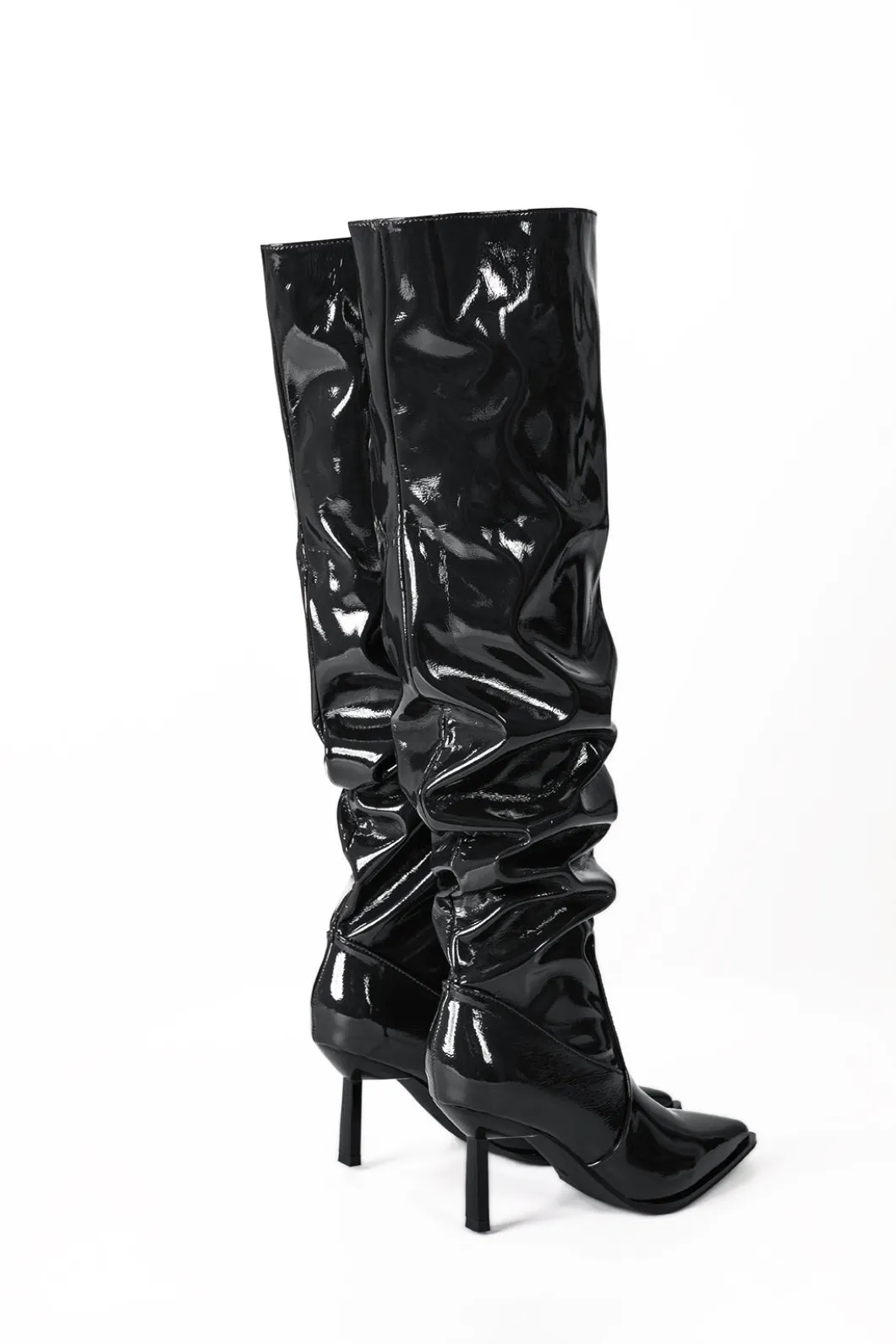 Faux Leather Ruched Pointed Toe Knee High Boots>MICAS New