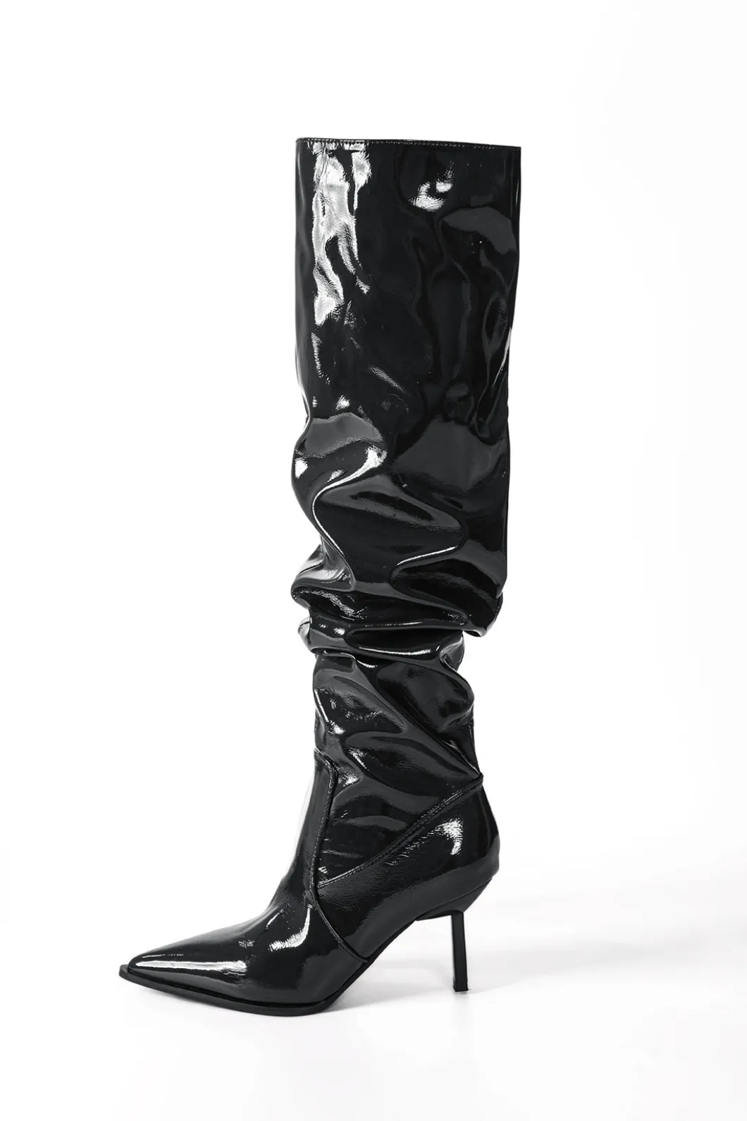 Faux Leather Ruched Pointed Toe Knee High Boots>MICAS New