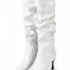 Faux Leather Ruched Pointed Toe Knee High Boots>MICAS New