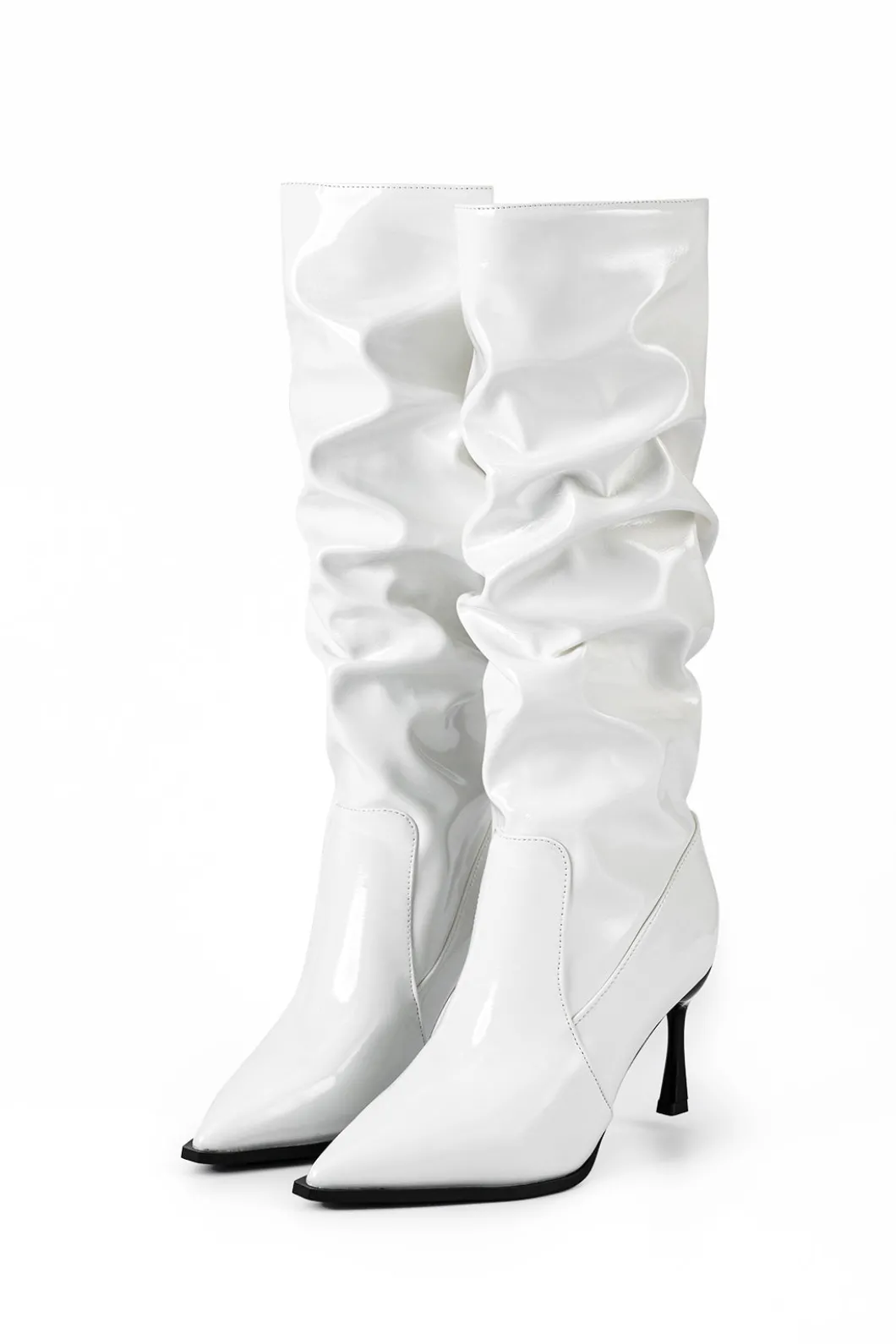 Faux Leather Ruched Pointed Toe Knee High Boots>MICAS New